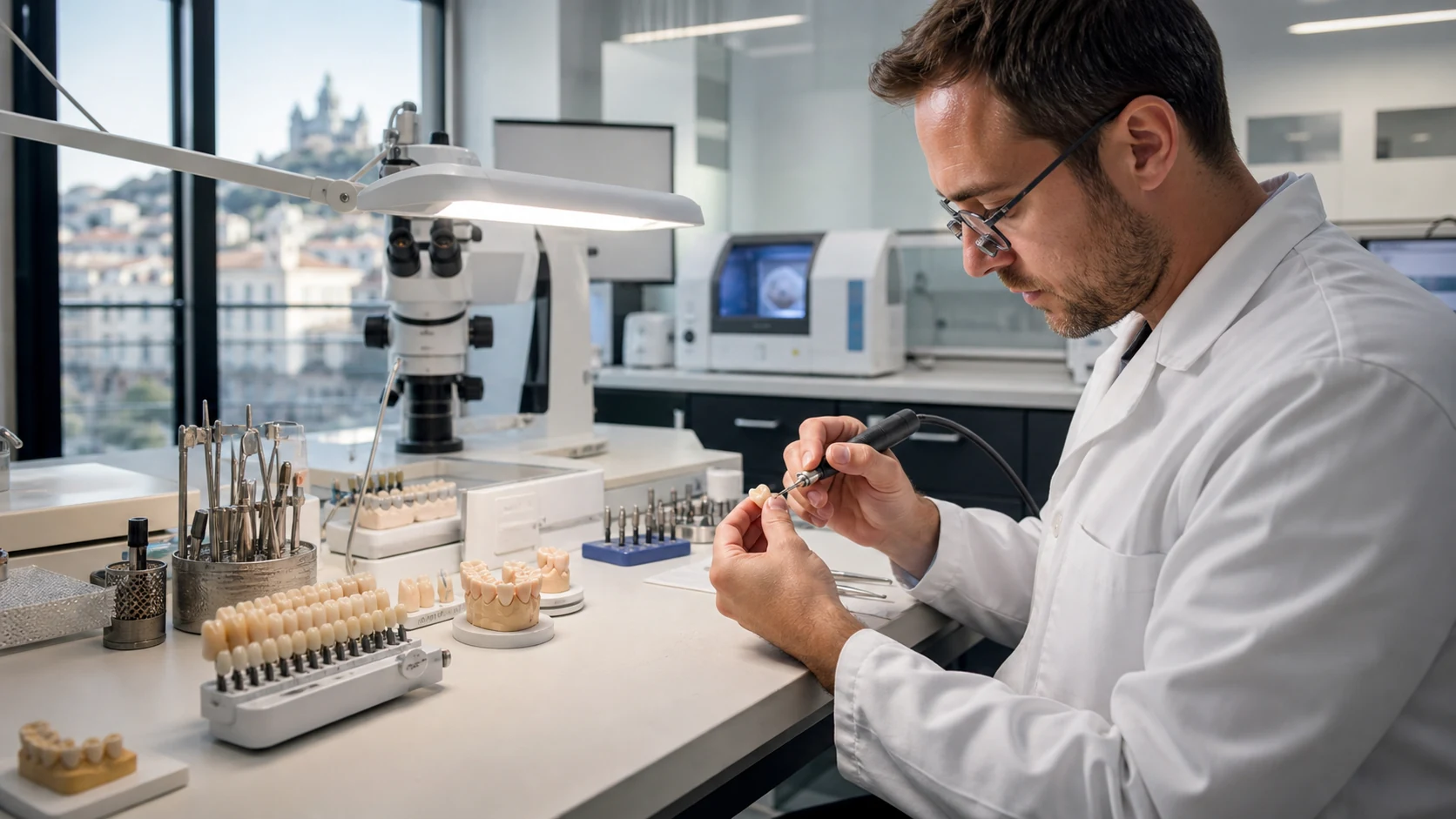 Illustration générée par IA d’un prothésiste dentaire travaillant sur une restauration en céramique dans un laboratoire.